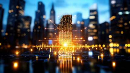 Poster - futuristic cityscape featuring glowing skyscraper with digital elements, symbolizing technology and innovation. vibrant lights create dynamic atmosphere