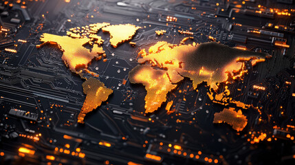 Leinwandbilder - digital world map illuminated with orange lights on circuit board background, showcasing technology and connectivity