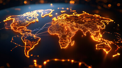 Poster - glowing digital world map with intricate lines and connections, showcasing continents and countries in vibrant orange hues. This represents global connectivity and technology