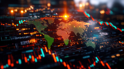 Poster - digital world map with vibrant colors and data visualization elements, showcasing global connectivity and technology trends. image conveys sense of innovation and modernity