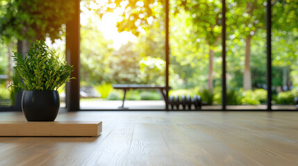 Aufkleber - modern gym interior featuring sleek design, large windows, and natural light. potted plant adds touch of greenery, enhancing tranquil atmosphere