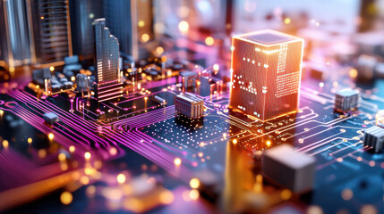 Leinwandbilder - high resolution 3D render of futuristic circuit board with glowing components, showcasing advanced technology and intricate details. vibrant colors create captivating visual experience