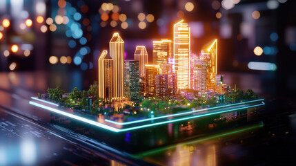 Poster - vibrant futuristic cityscape with glowing skyscrapers and lush greenery, showcasing advanced architecture and technology. scene is illuminated with colorful lights, creating dynamic atmosphere