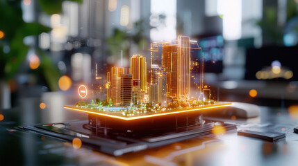 Poster - futuristic 3D holograph of vibrant cityscape with glowing buildings and greenery, showcasing advanced technology and urban design