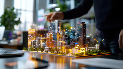 Aufkleber - futuristic 3D holographic city model displayed on desk, showcasing vibrant skyscrapers and advanced technology. scene conveys innovation and creativity