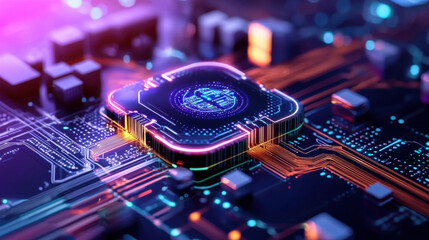 Leinwandbilder - vibrant depiction of microprocessor on circuit board, showcasing intricate details and glowing elements, symbolizing advanced technology and innovation