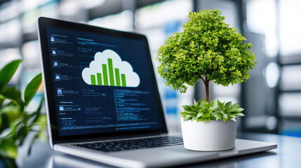 Aufkleber - laptop displaying cloud infrastructure with potted plant symbolizes technology and nature. green tree represents growth and sustainability in digital environment