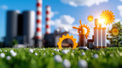 Fototapete - vibrant depiction of geothermal power station with gears and energy symbols, showcasing renewable energy innovation in lush green environment