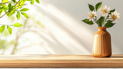Aufkleber - serene interior scene featuring wooden table with vase of white flowers and green leaves, illuminated by soft sunlight. natural elements create calming atmosphere
