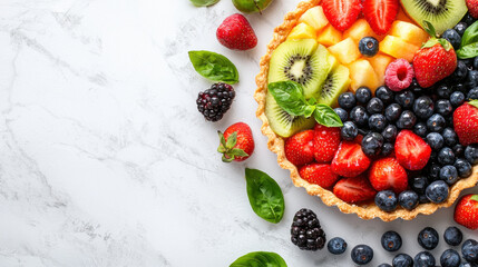 Poster - vibrant summer fruit tart featuring strawberries, blueberries, kiwi, and mint leaves, perfect for refreshing dessert