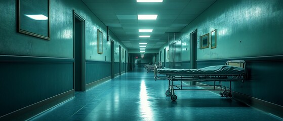 Wall Mural - Empty hospital hallway, gurney, teal walls.  Medical drama setting