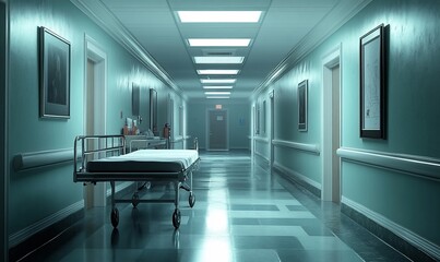 Wall Mural - Empty hospital hallway, night, patient bed, medical setting, film use