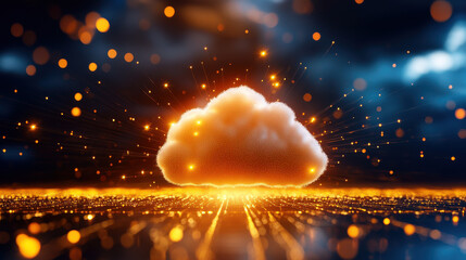 Fototapete - vibrant digital cloud surrounded by glowing particles and light rays, symbolizing technology and innovation. scene evokes sense of wonder and creativity