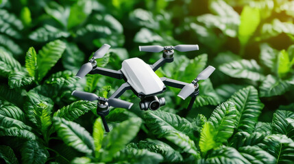 Aufkleber - drone flying over lush green plants in futuristic farm setting, showcasing advanced agricultural technology and innovation