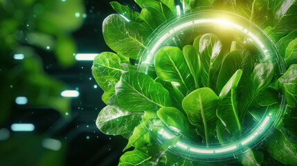 Poster - Futuristic farm with vibrant green leafy plants and digital elements, showcasing advanced agricultural technology and innovation in sustainable farming practices