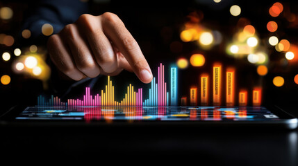 Fototapete - hand pointing at colorful data visualizations on tablet screen, showcasing analytics and statistics in modern setting