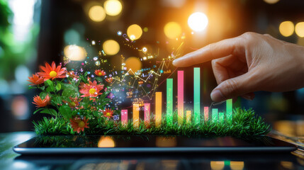 Aufkleber - hand pointing to digital tablet displaying colorful growth charts and flowers, symbolizing progress and innovation in business