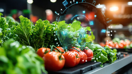 Leinwandbilder - High resolution image of smart vegetable market showcasing fresh tomatoes and leafy greens with digital elements. vibrant colors and technology create innovative shopping experience
