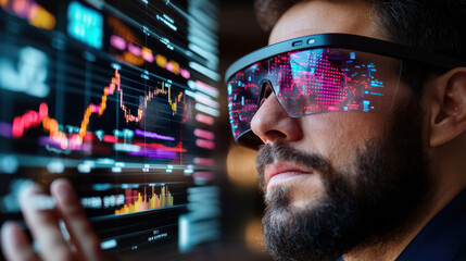 Poster - High resolution image of financial professional analyzing data with smart glasses, showcasing stock market trends and graphs