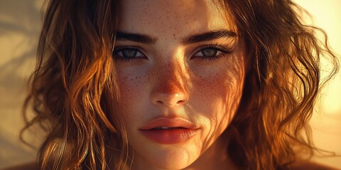 Wall Mural - Freckled woman, sunset portrait, beach, sunlit face, beauty