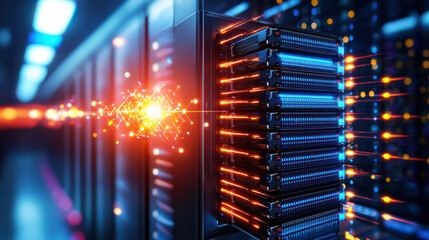 Fototapete - high resolution portrayal of futuristic server room with glowing servers and vibrant lights, showcasing advanced technology and data processing