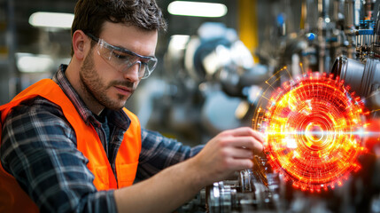 Aufkleber - mechanical engineer testing advanced engine system in factory. engineer wears safety goggles and orange vest, focusing on machinery with digital interface glowing nearby