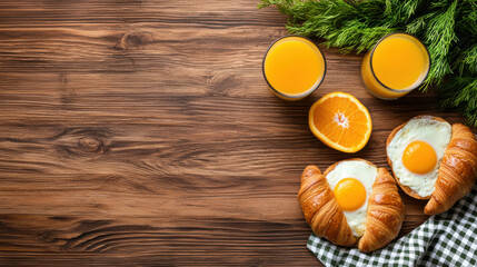 Poster - gourmet breakfast spread featuring croissants, eggs, orange slices, and fresh juice. vibrant colors and textures create delightful morning atmosphere