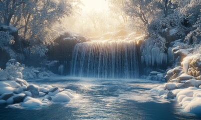 Wall Mural - Frozen waterfall winter wonderland, serene snowy forest scene