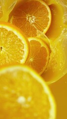 Aufkleber - Super Slow Motion of Splashing Orange Juice. Filmed on High Speed Cinema Camera, 1000 fps. Abstract Liquid Background with Falling Orange Slices. Vertical Aspect Ratio.