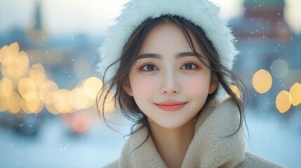 Close-up of a young Korean woman wearing a beige coat in a city in Russia. Portrait of a Korean woman sightseeing in Moscow.