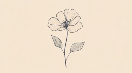 Leinwandbilder - Delicate line drawing of a single flower with leaves on a soft background. Generative AI