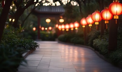 Wall Mural - Illuminated path, lanterns, garden, dusk, Asian architecture, serene ambiance, stock photo