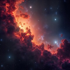 Wall Mural - vast cosmos scene shows vibrant nebula clouds with fiery orange hues against dark starry background.