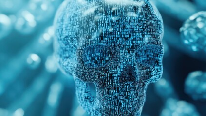 3D skull made of binary code, cyberpunk background, light blue colors.
