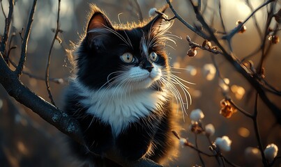 Canvas Print - Kitten perched on tree branch, sunset