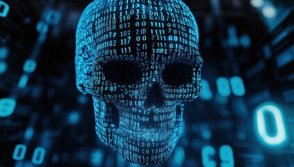 3D skull made of binary code, cyberpunk background, light blue colors.