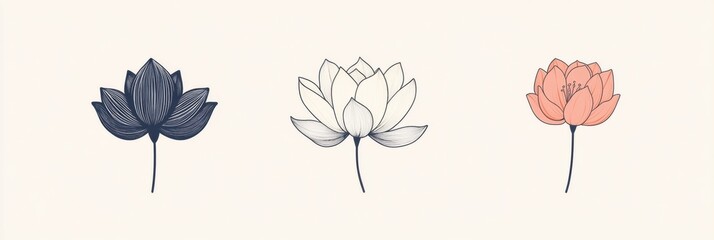 Aufkleber - Beautiful illustrations of lotus flowers showcasing different colors and styles in a minimalistic design. Generative AI