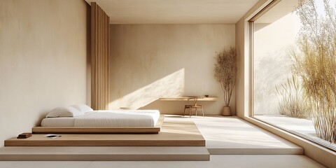 Wall Mural - Minimalist bedroom design, natural light, garden view