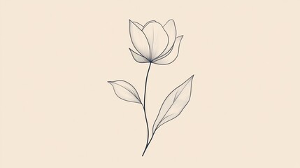 Leinwandbilder - Simple line drawing of a tulip flower with delicate petals and leaves on a soft pastel background. Generative AI