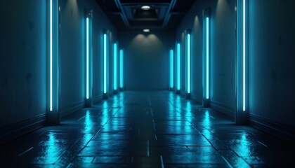 Poster - Empty futuristic corridor illuminated by vibrant blue neon lights. Dark hall with reflective tiled floor shows blurry reflections. Walls smooth, gray. Design simple, elegant. Modern tech style.