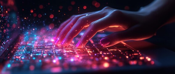 Futuristic Digital Workspace with Laptop Cyberpunk Technology and Global Network Connection