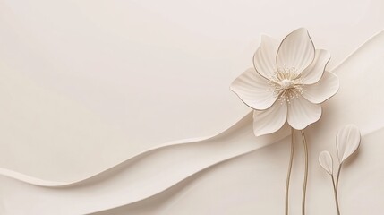 Aufkleber - Delicate white floral decoration against a soft beige background with gentle curves. Generative AI