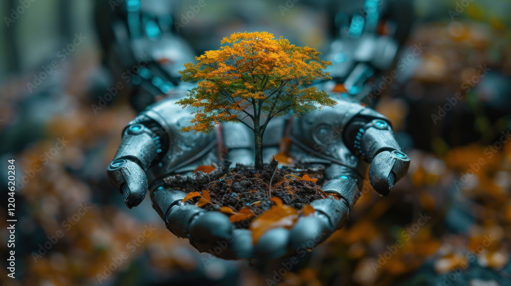Robotics Development Vs Environmental Science Globe and tree in robot hand with Environment icon. Green technology ...