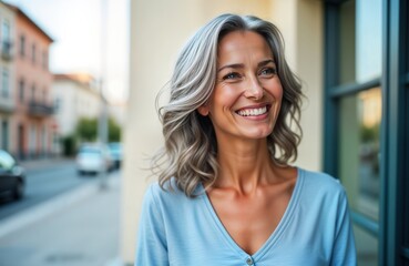 Wall Mural - Cheerful middle-aged woman smiles outdoors. Looks happy, relaxed in casual attire. City background slightly blurred. Outdoor portrait confident mid-life style. Stylish woman enjoys moment of