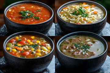 Poster - Assortment of hearty soups in rustic bowls, featuring vegetable, noodle, chicken and beef options.