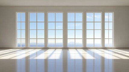 Poster - A large room with a view of the mountains. The windows are open and the room is very bright. AI generated.