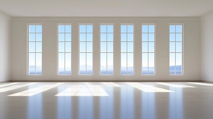 Poster - A large room with a view of the mountains. The room is empty and has a lot of windows. AI generated.