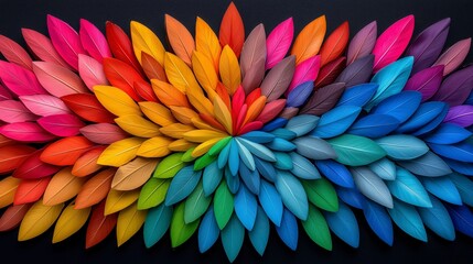 Poster - A colorful flower made of leaves is displayed in a black background. The leaves are arranged in a rainbow pattern, creating a vibrant and eye-catching display. AI generated.