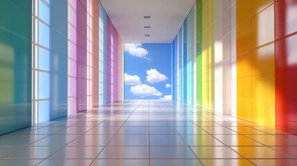 Poster - A long hallway with colorful walls and a blue sky outside. The hallway is empty and the walls are painted in different colors. AI generated.