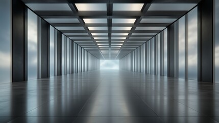 Poster - A long, empty hallway with a lot of light shining on the floor. The space is very open and airy, giving off a sense of emptiness and loneliness. AI generated.